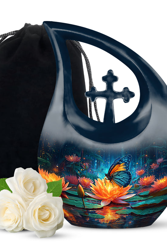 Cobalt Blue Butterfly Cremation Urn top-down view of secure threaded lid - devotional cross-drop butterfly engraving - full-size 10 inch 200 cubic inch adult cremation urn