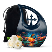 Cobalt Blue Butterfly Cremation Urn top-down view of secure threaded lid - devotional cross-drop butterfly engraving - full-size 10 inch 200 cubic inch adult cremation urn