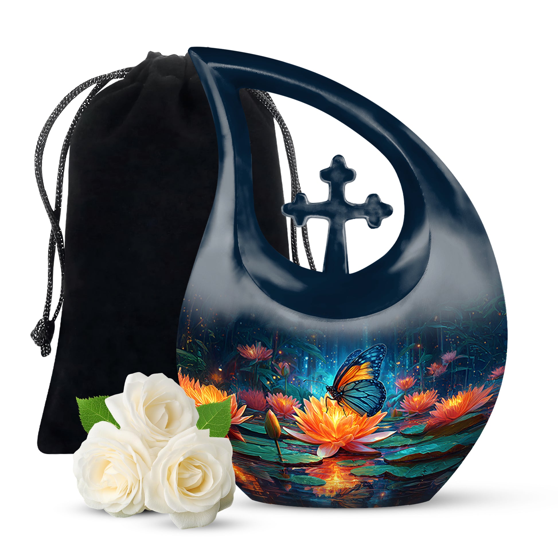 Cobalt Blue Butterfly Cremation Urn top-down view of secure threaded lid - devotional cross-drop butterfly engraving - full-size 10 inch 200 cubic inch adult cremation urn