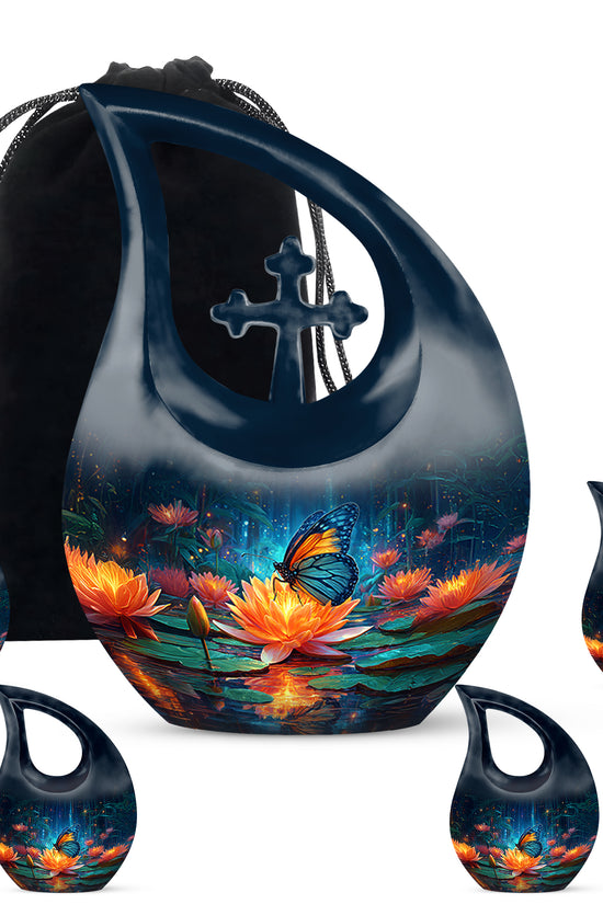 Sky Blue Butterfly Cremation Urn urn with complimentary velvet bag - sacred cross merged with butterfly motif on metal - memorial set with one large and four small urns