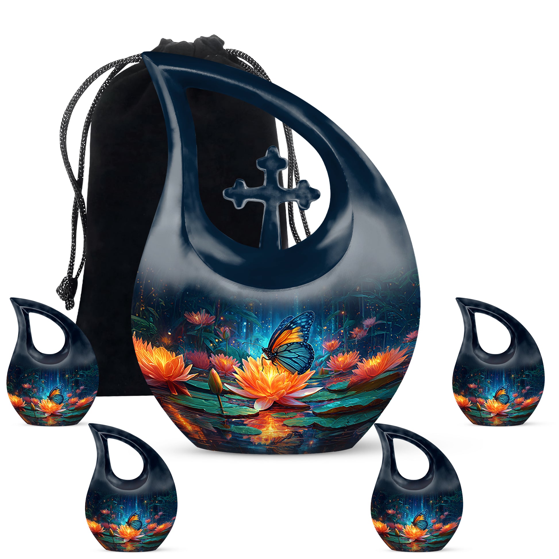 Sky Blue Butterfly Cremation Urn urn with complimentary velvet bag - sacred cross merged with butterfly motif on metal - memorial set with one large and four small urns