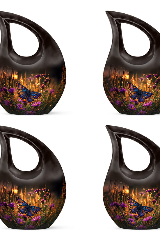 Harvest Gold Butterfly Cremation Urn lifestyle display on memorial shelf - faith-inspired cross-drop urn with butterfly pattern - 10 inch aluminum urn for cremated remains