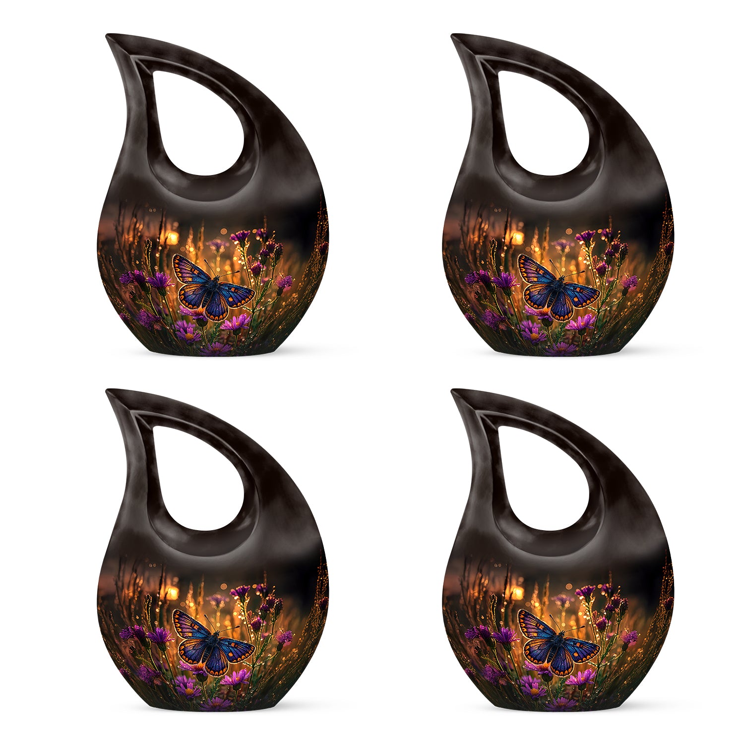 Harvest Gold Butterfly Cremation Urn lifestyle display on memorial shelf - faith-inspired cross-drop urn with butterfly pattern - 10 inch aluminum urn for cremated remains
