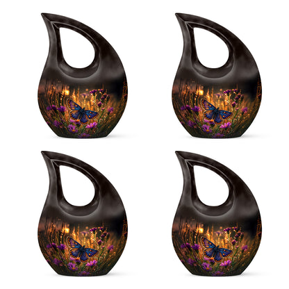 Harvest Gold Butterfly Cremation Urn lifestyle display on memorial shelf - faith-inspired cross-drop urn with butterfly pattern - 10 inch aluminum urn for cremated remains