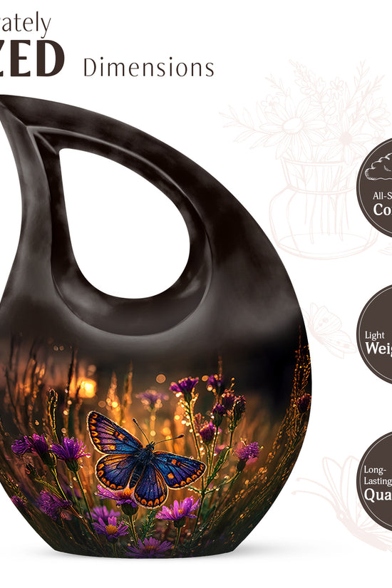 Harvest Gold Butterfly Cremation Urn back view with polished surface - devotional cross-drop butterfly engraving - mini keepsake memorial for portion of cremation ashes