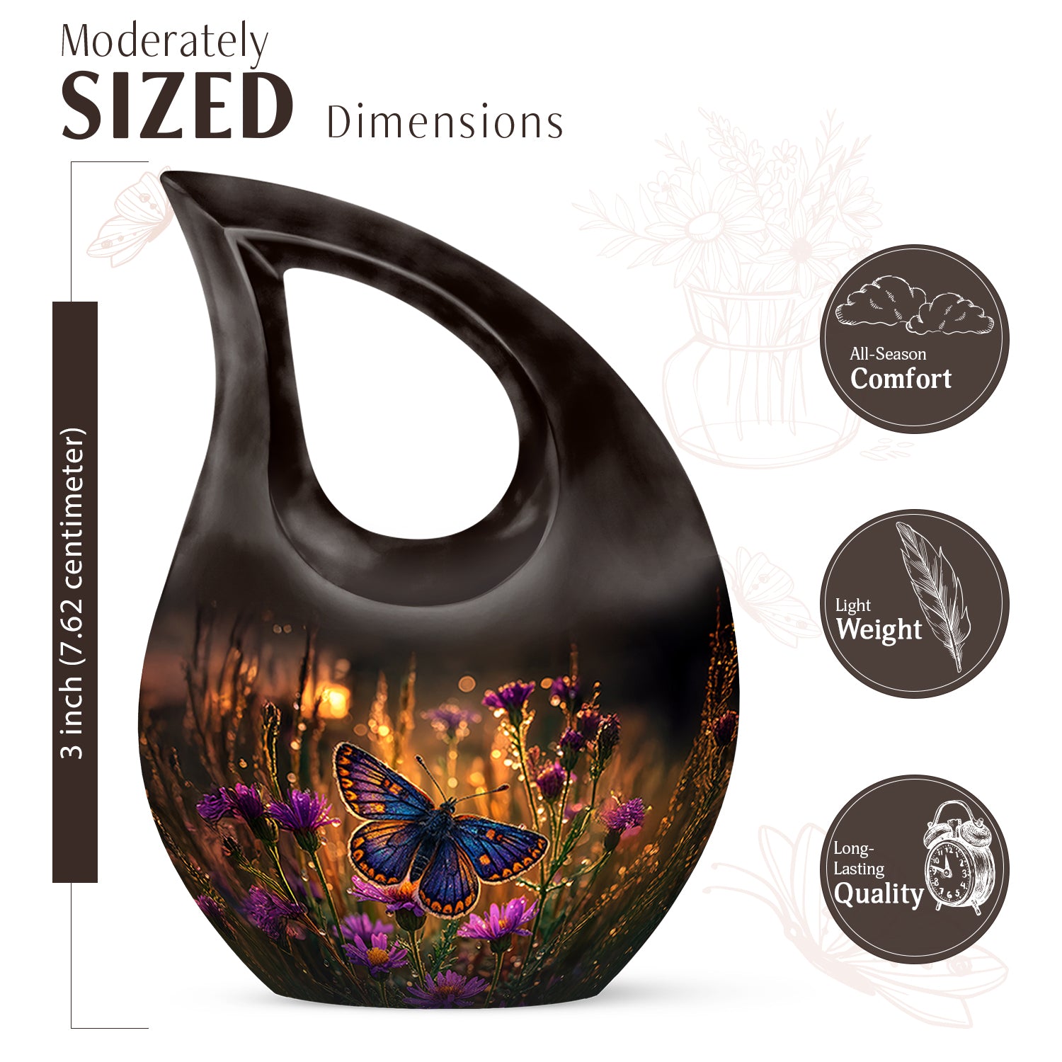 Harvest Gold Butterfly Cremation Urn back view with polished surface - devotional cross-drop butterfly engraving - mini keepsake memorial for portion of cremation ashes