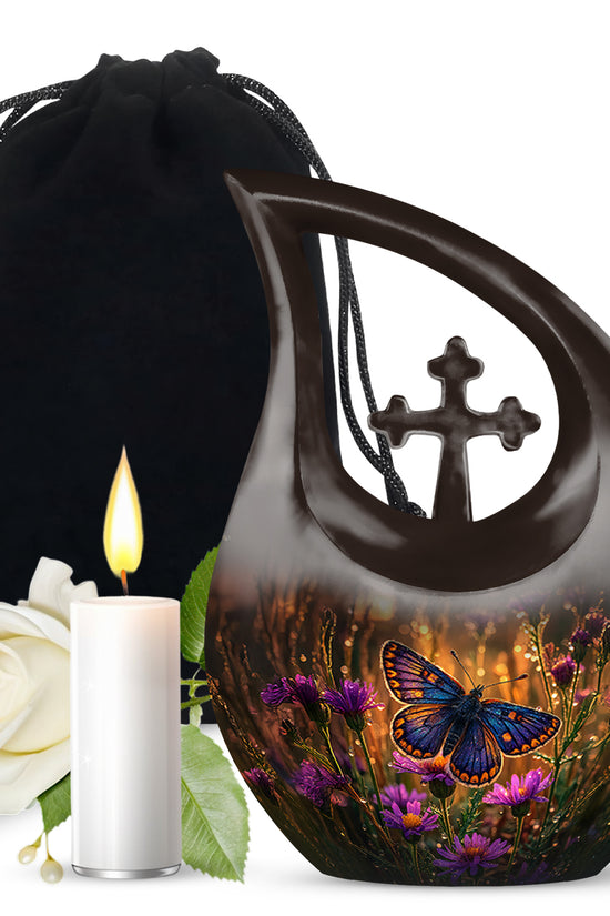 Matte Gold Butterfly Cremation Urn top-down view of secure threaded lid - faith-inspired cross-drop urn with butterfly pattern - full-size 10 inch 200 cubic inch adult cremation urn