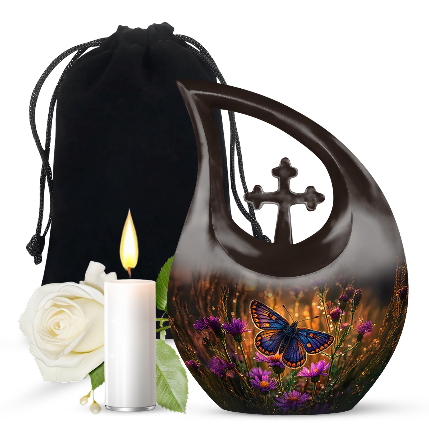 Matte Gold Butterfly Cremation Urn top-down view of secure threaded lid - faith-inspired cross-drop urn with butterfly pattern - full-size 10 inch 200 cubic inch adult cremation urn