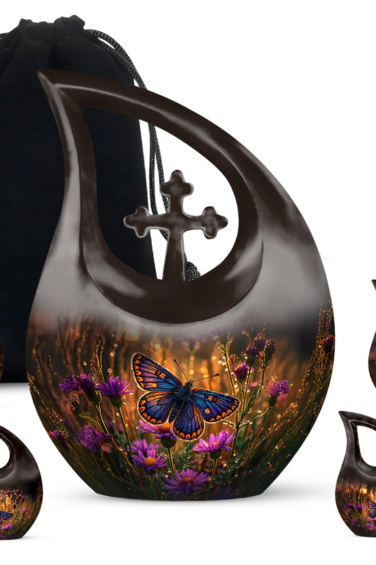 Champagne Gold Butterfly Cremation Urn urn with complimentary velvet bag - sacred cross merged with butterfly motif on metal - memorial set with one large and four small urns