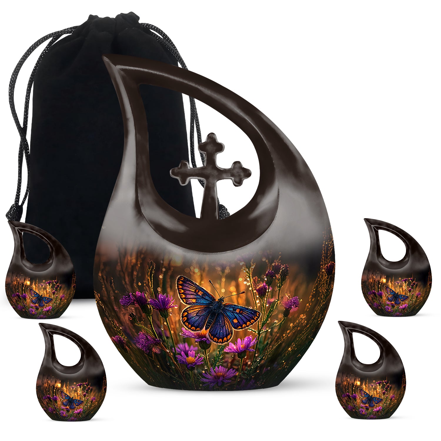 Champagne Gold Butterfly Cremation Urn urn with complimentary velvet bag - sacred cross merged with butterfly motif on metal - memorial set with one large and four small urns