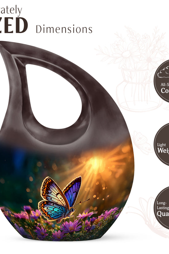 Gilded Gold Butterfly Cremation Urn back view with polished surface - cross and butterfly combined in spiritual memorial design - mini keepsake memorial for portion of cremation ashes