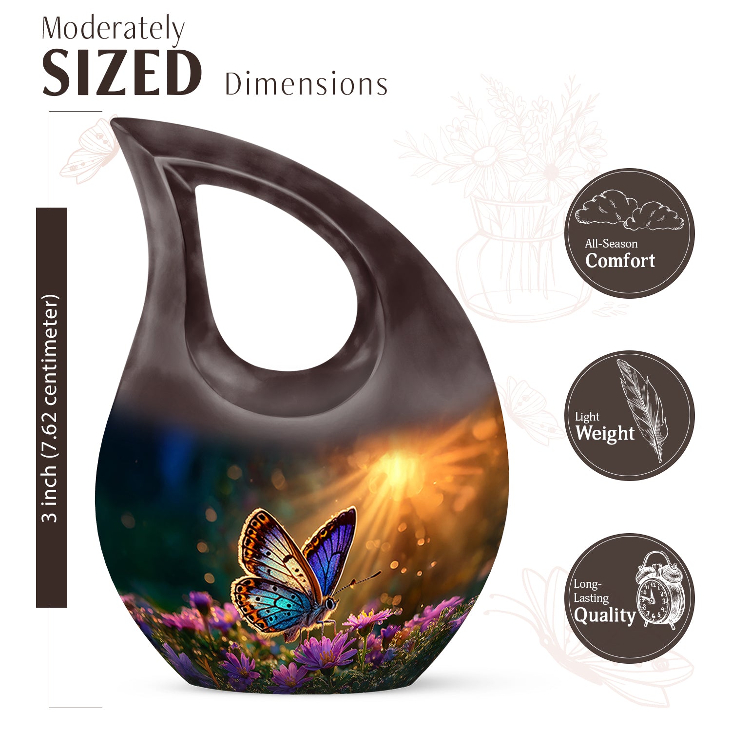 Gilded Gold Butterfly Cremation Urn back view with polished surface - cross and butterfly combined in spiritual memorial design - mini keepsake memorial for portion of cremation ashes