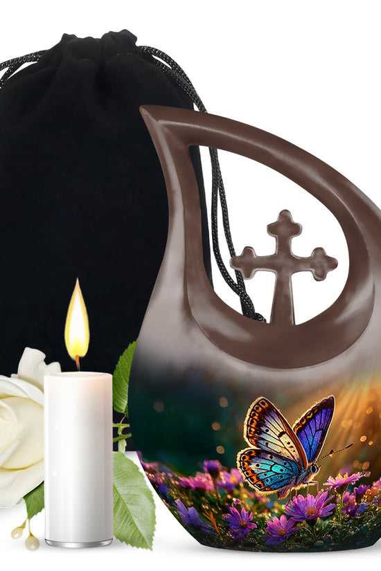 Matte Gold Butterfly Cremation Urn top-down view of secure threaded lid - devotional cross-drop butterfly engraving - full-size 10 inch 200 cubic inch adult cremation urn