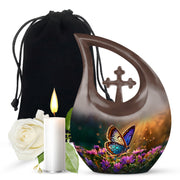 Matte Gold Butterfly Cremation Urn top-down view of secure threaded lid - devotional cross-drop butterfly engraving - full-size 10 inch 200 cubic inch adult cremation urn