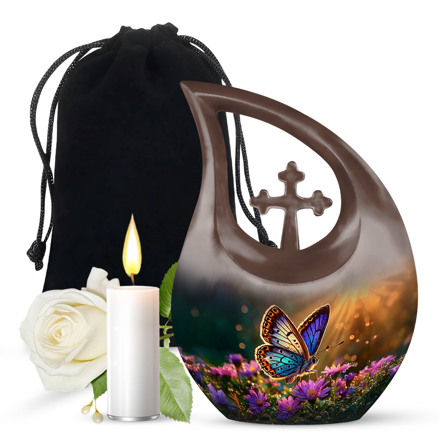 Matte Gold Butterfly Cremation Urn top-down view of secure threaded lid - devotional cross-drop butterfly engraving - full-size 10 inch 200 cubic inch adult cremation urn