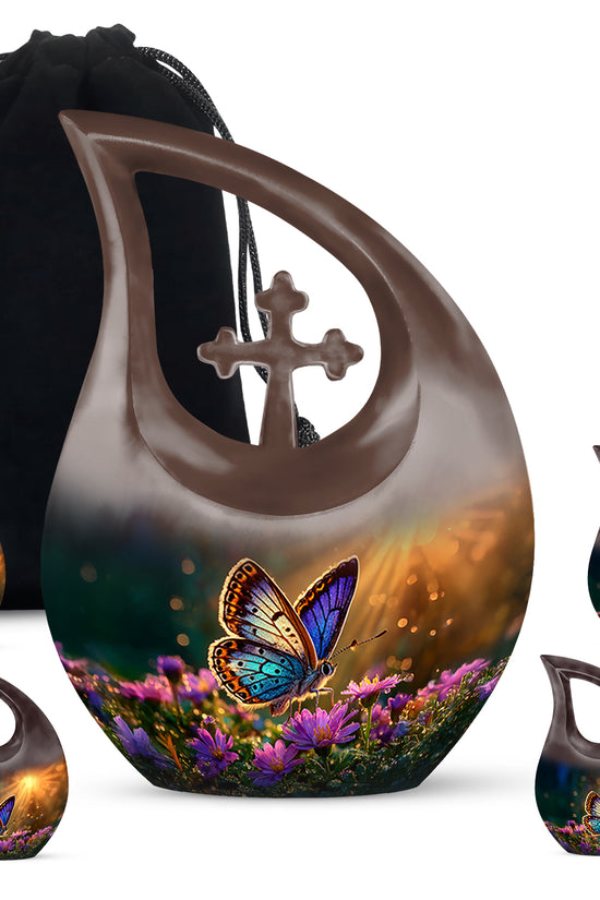Sunrise Gold Butterfly Cremation Urn urn with complimentary velvet bag - cross and butterfly combined in spiritual memorial design - memorial set with one large and four small urns