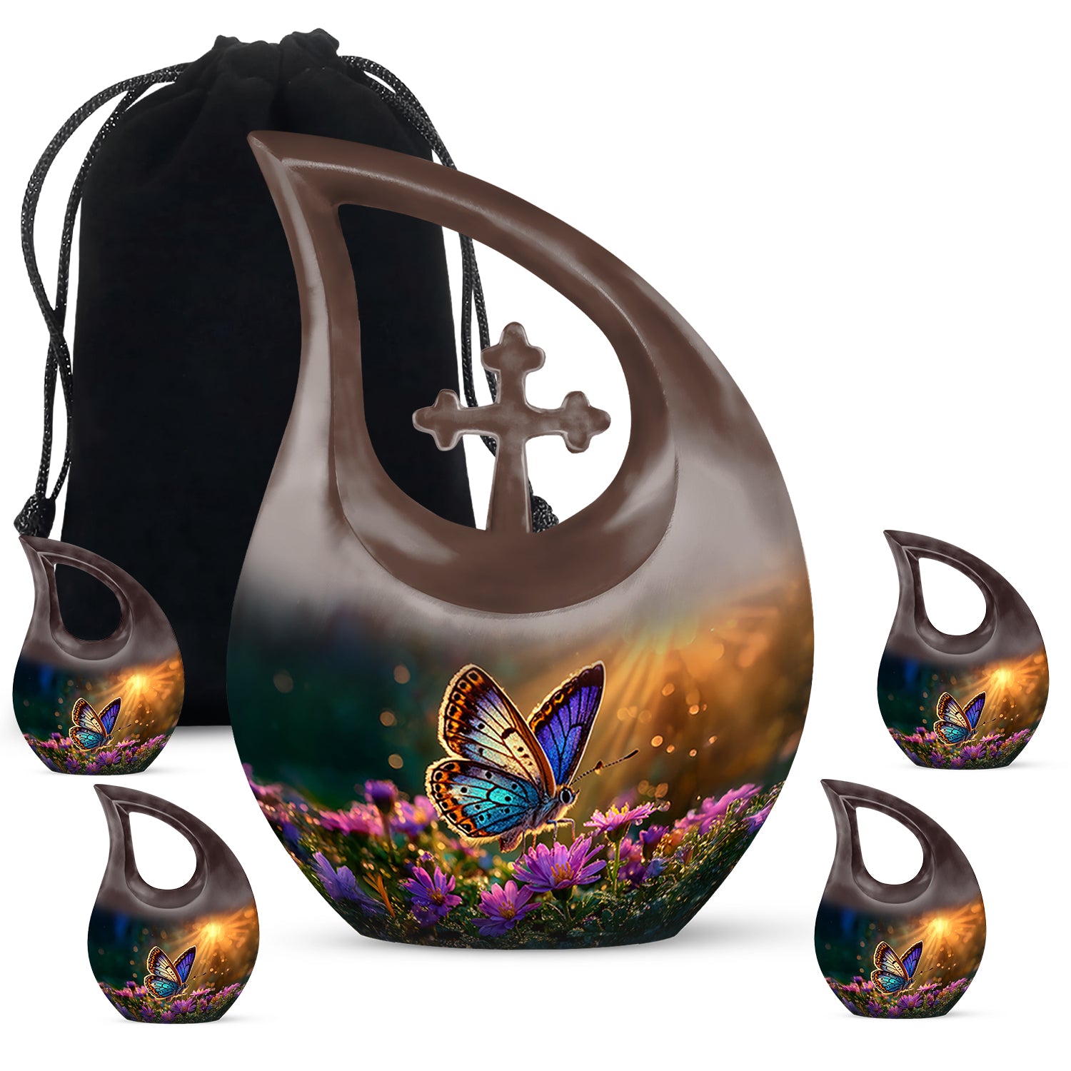 Sunrise Gold Butterfly Cremation Urn urn with complimentary velvet bag - cross and butterfly combined in spiritual memorial design - memorial set with one large and four small urns