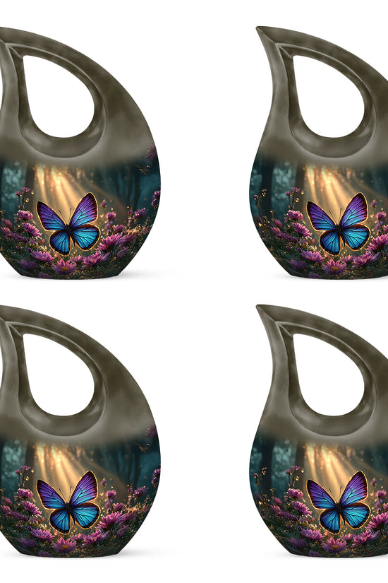 Sunrise Gold Butterfly Cremation Urn lifestyle display on memorial shelf - cross and butterfly combined in spiritual memorial design - 10 inch aluminum urn for cremated remains