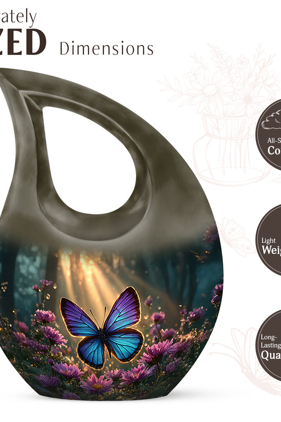 Amber Gold Butterfly Cremation Urn back view with polished surface - sacred cross merged with butterfly motif on metal - mini keepsake memorial for portion of cremation ashes