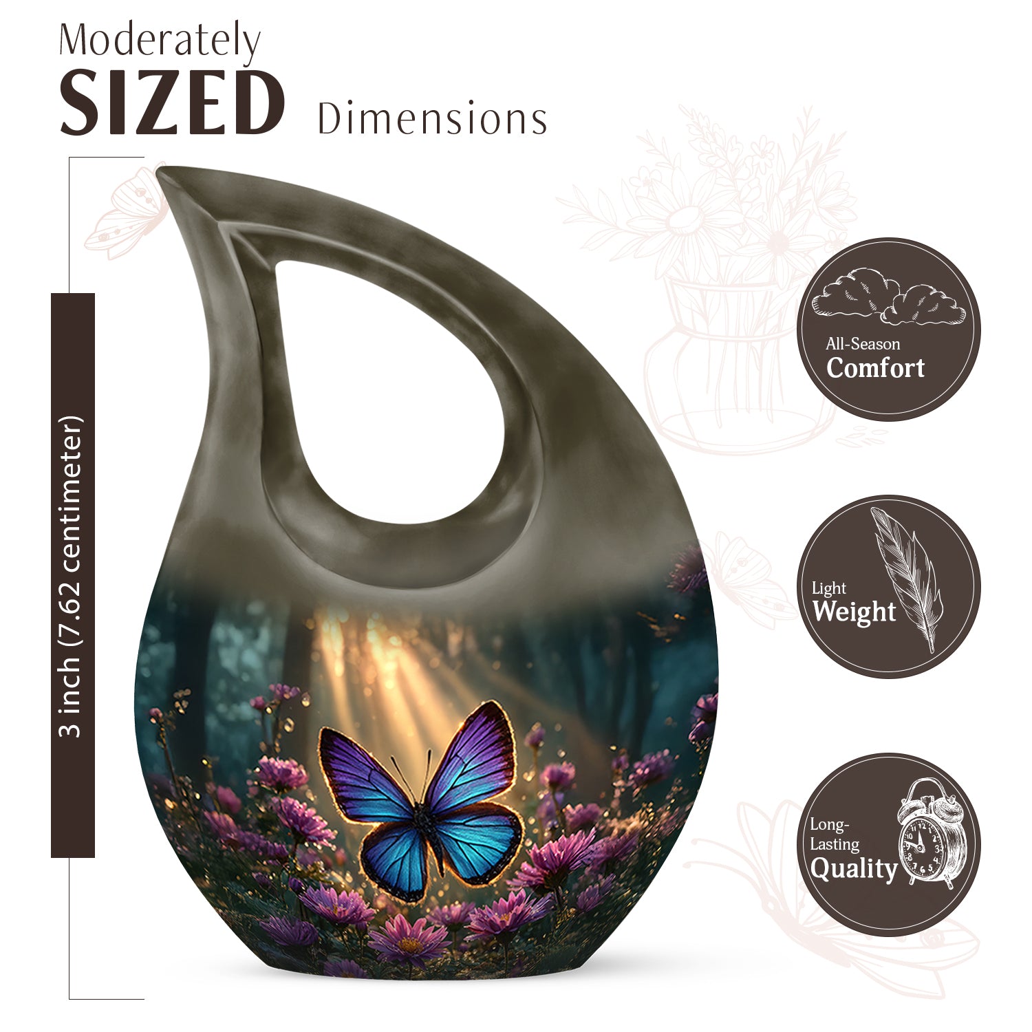 Amber Gold Butterfly Cremation Urn back view with polished surface - sacred cross merged with butterfly motif on metal - mini keepsake memorial for portion of cremation ashes
