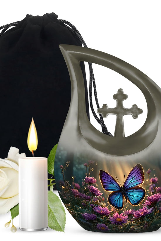 Amber Gold Butterfly Cremation Urn top-down view of secure threaded lid - cross and butterfly combined in spiritual memorial design - full-size 10 inch 200 cubic inch adult cremation urn