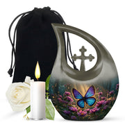 Amber Gold Butterfly Cremation Urn top-down view of secure threaded lid - cross and butterfly combined in spiritual memorial design - full-size 10 inch 200 cubic inch adult cremation urn