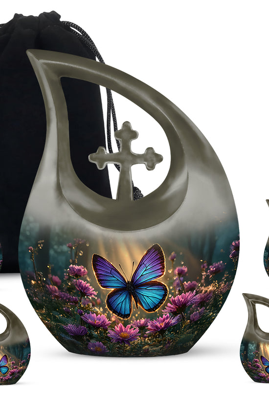 Antique Gold Butterfly Cremation Urn urn with complimentary velvet bag - sacred cross merged with butterfly motif on metal - memorial set with one large and four small urns