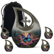 Antique Gold Butterfly Cremation Urn urn with complimentary velvet bag - sacred cross merged with butterfly motif on metal - memorial set with one large and four small urns