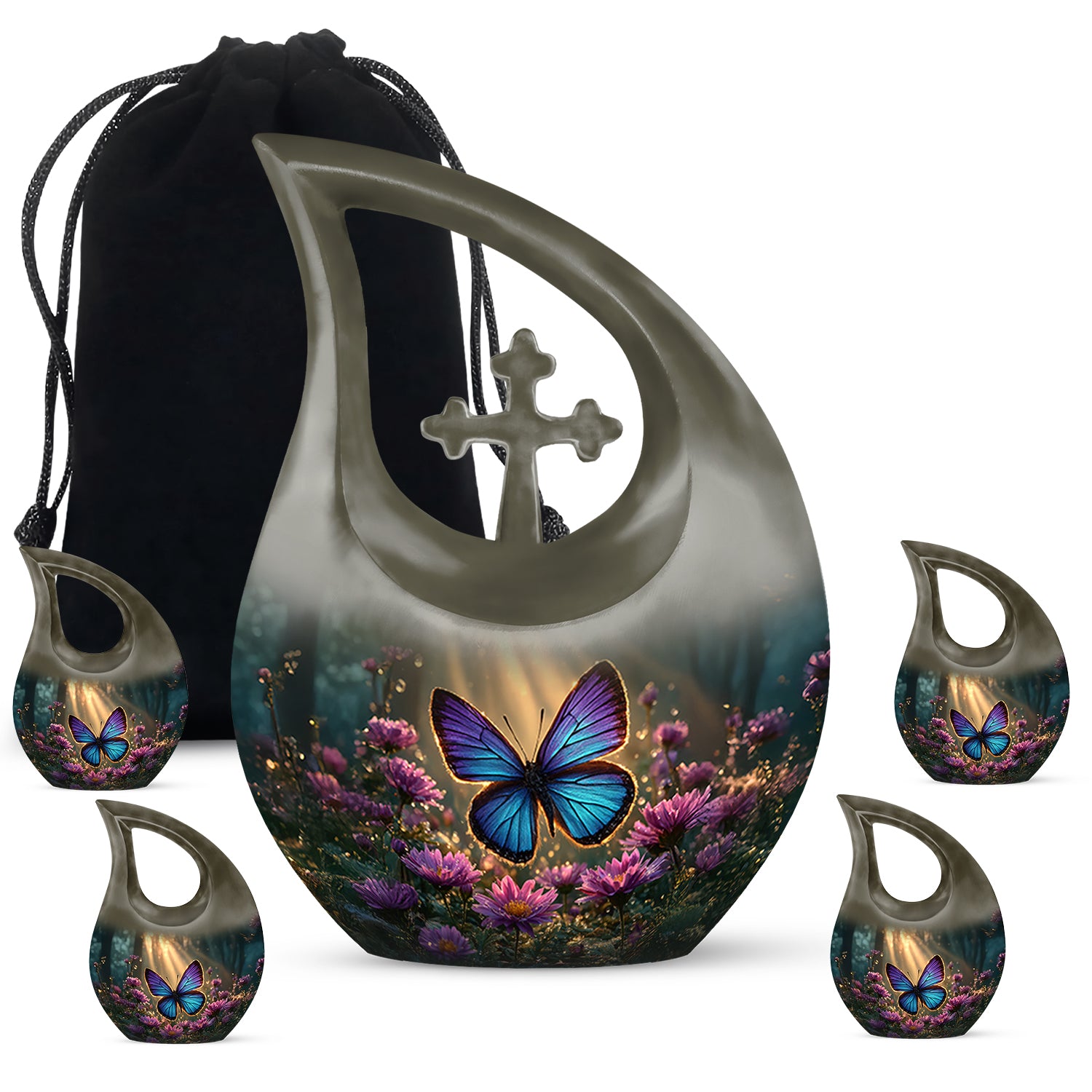 Antique Gold Butterfly Cremation Urn urn with complimentary velvet bag - sacred cross merged with butterfly motif on metal - memorial set with one large and four small urns