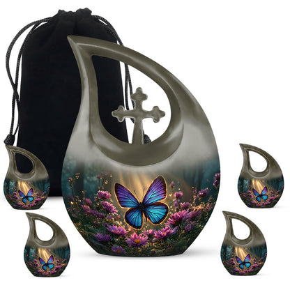 Antique Gold Butterfly Cremation Urn urn with complimentary velvet bag - sacred cross merged with butterfly motif on metal - memorial set with one large and four small urns