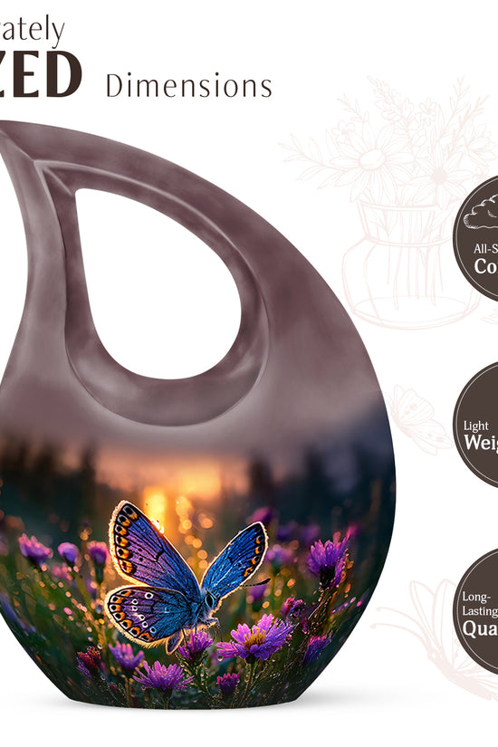 Champagne Gold Butterfly Cremation Urn back view with polished surface - sacred cross merged with butterfly motif on metal - mini keepsake memorial for portion of cremation ashes