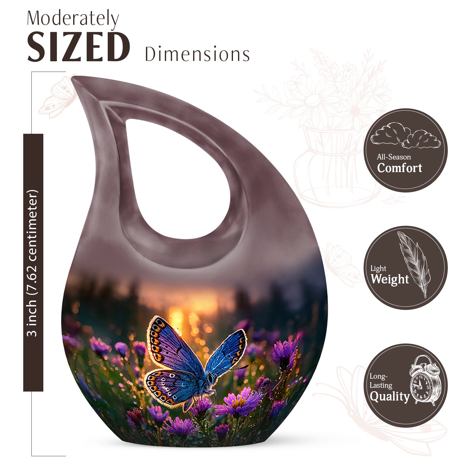 Champagne Gold Butterfly Cremation Urn back view with polished surface - sacred cross merged with butterfly motif on metal - mini keepsake memorial for portion of cremation ashes