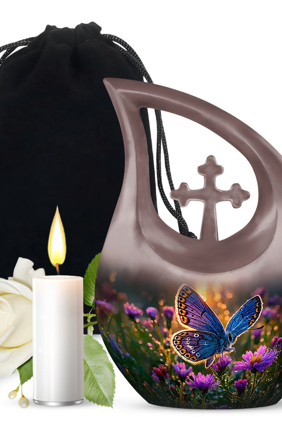 Sunrise Gold Butterfly Cremation Urn top-down view of secure threaded lid - cross and butterfly combined in spiritual memorial design - full-size 10 inch 200 cubic inch adult cremation urn