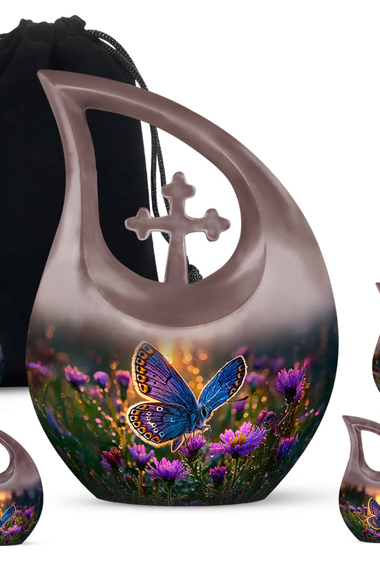 Matte Gold Butterfly Cremation Urn urn with complimentary velvet bag - faith-inspired cross-drop urn with butterfly pattern - memorial set with one large and four small urns