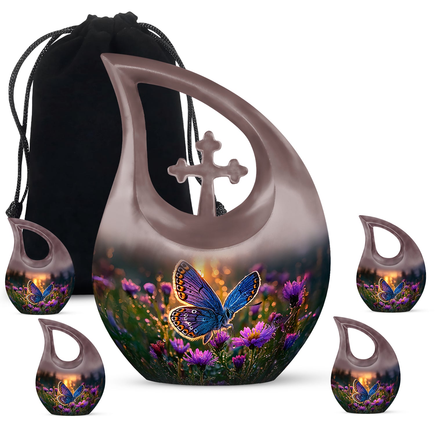 Matte Gold Butterfly Cremation Urn urn with complimentary velvet bag - faith-inspired cross-drop urn with butterfly pattern - memorial set with one large and four small urns