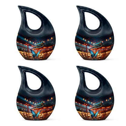 Steel Blue Butterfly Cremation Urn lifestyle display on memorial shelf - devotional cross-drop butterfly engraving - 10 inch aluminum urn for cremated remains
