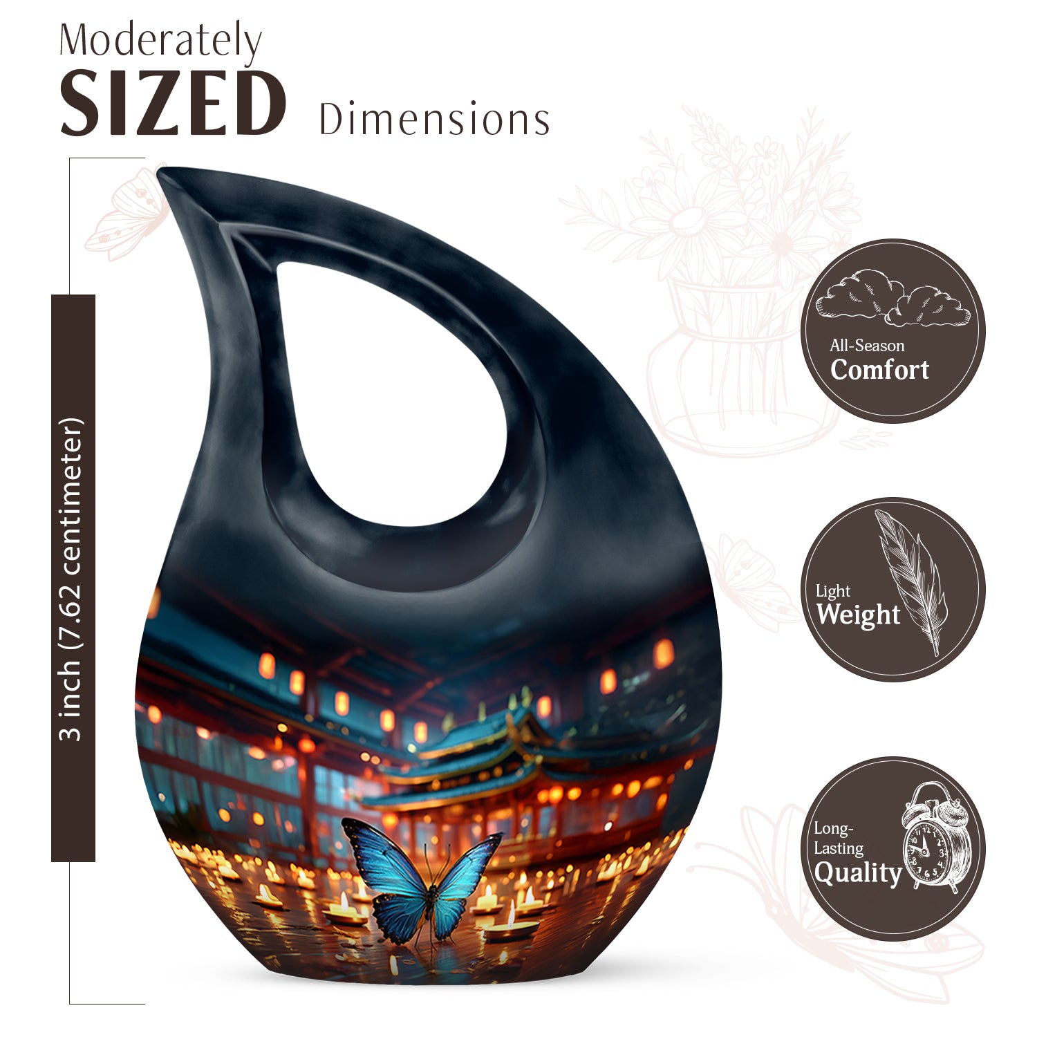 Slate Blue Butterfly Cremation Urn back view with polished surface - sacred cross merged with butterfly motif on metal - mini keepsake memorial for portion of cremation ashes