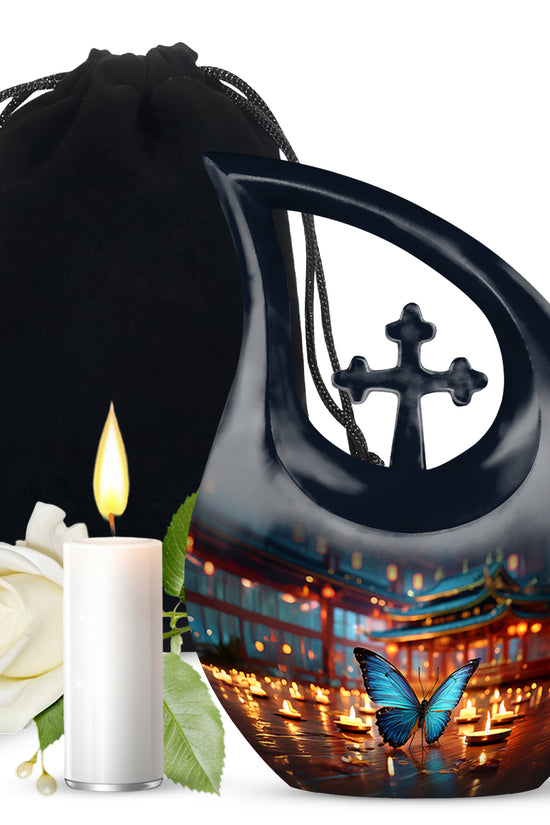 Misty Blue Butterfly Cremation Urn top-down view of secure threaded lid - sacred cross merged with butterfly motif on metal - full-size 10 inch 200 cubic inch adult cremation urn