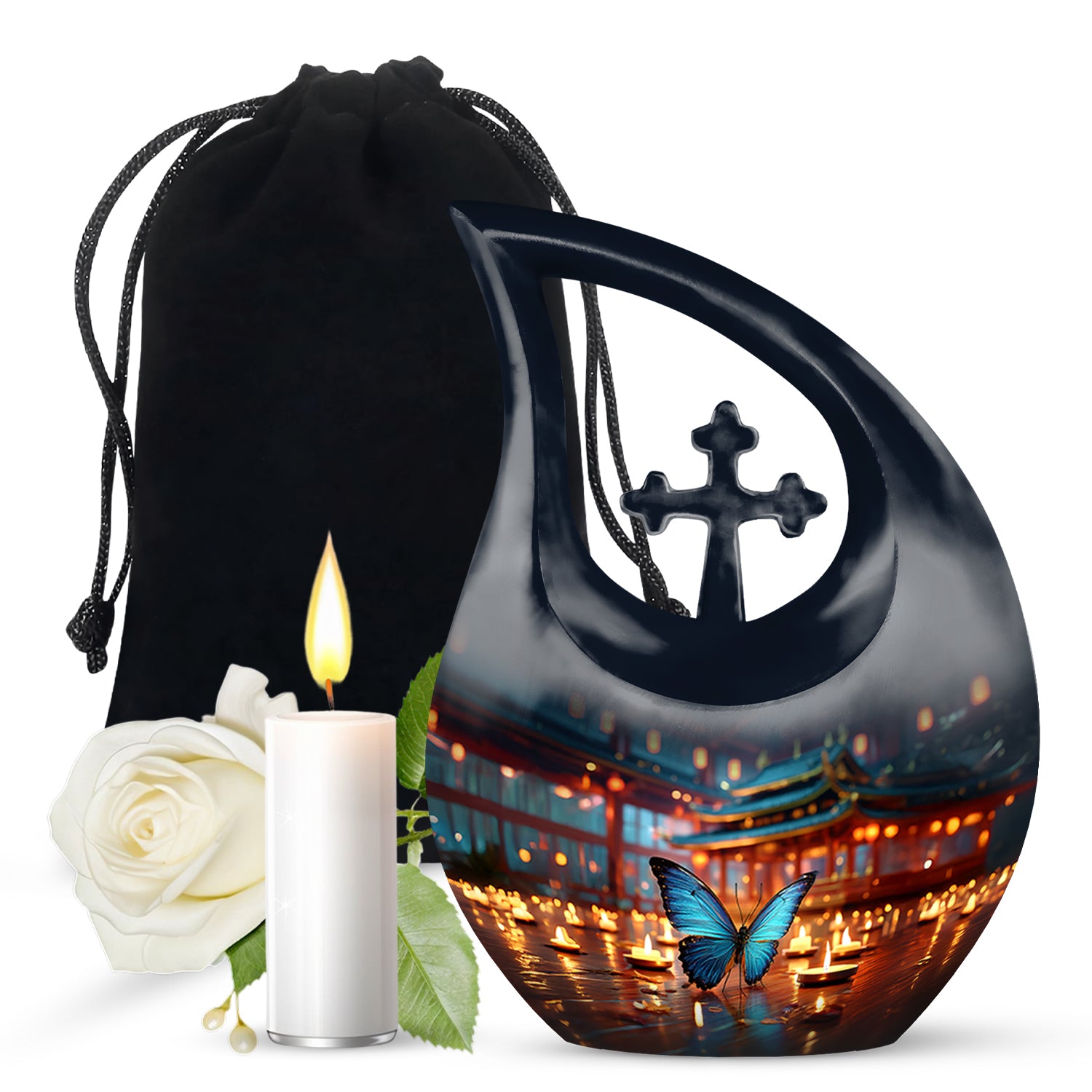 Misty Blue Butterfly Cremation Urn top-down view of secure threaded lid - sacred cross merged with butterfly motif on metal - full-size 10 inch 200 cubic inch adult cremation urn