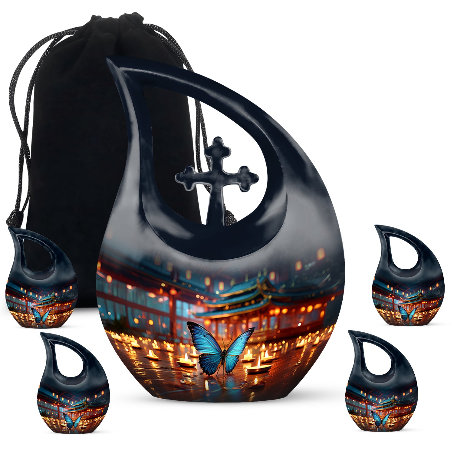 Bright Blue Butterfly Cremation Urn urn with complimentary velvet bag - devotional cross-drop butterfly engraving - memorial set with one large and four small urns