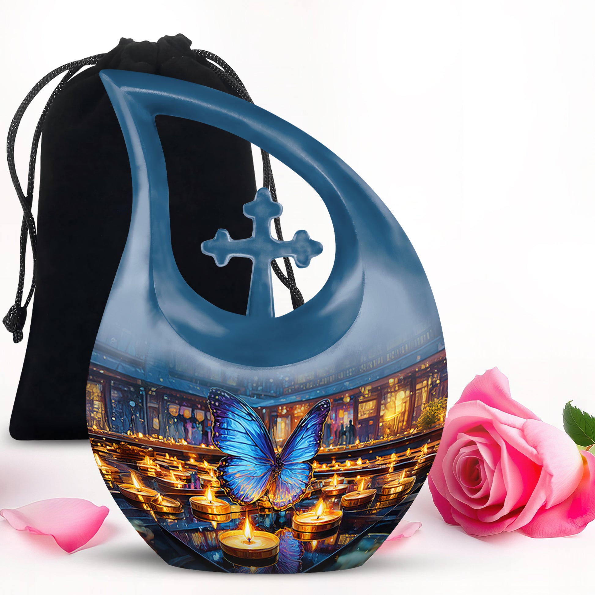 Smoke Gray Butterfly Cremation Urn top-down view of secure threaded lid - faith-inspired cross-drop urn with butterfly pattern - full-size 10 inch 200 cubic inch adult cremation urn