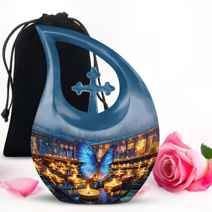 Smoke Gray Butterfly Cremation Urn top-down view of secure threaded lid - faith-inspired cross-drop urn with butterfly pattern - full-size 10 inch 200 cubic inch adult cremation urn