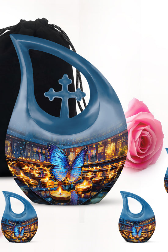 Mist Gray Butterfly Cremation Urn urn with complimentary velvet bag - cross and butterfly combined in spiritual memorial design - memorial set with one large and four small urns