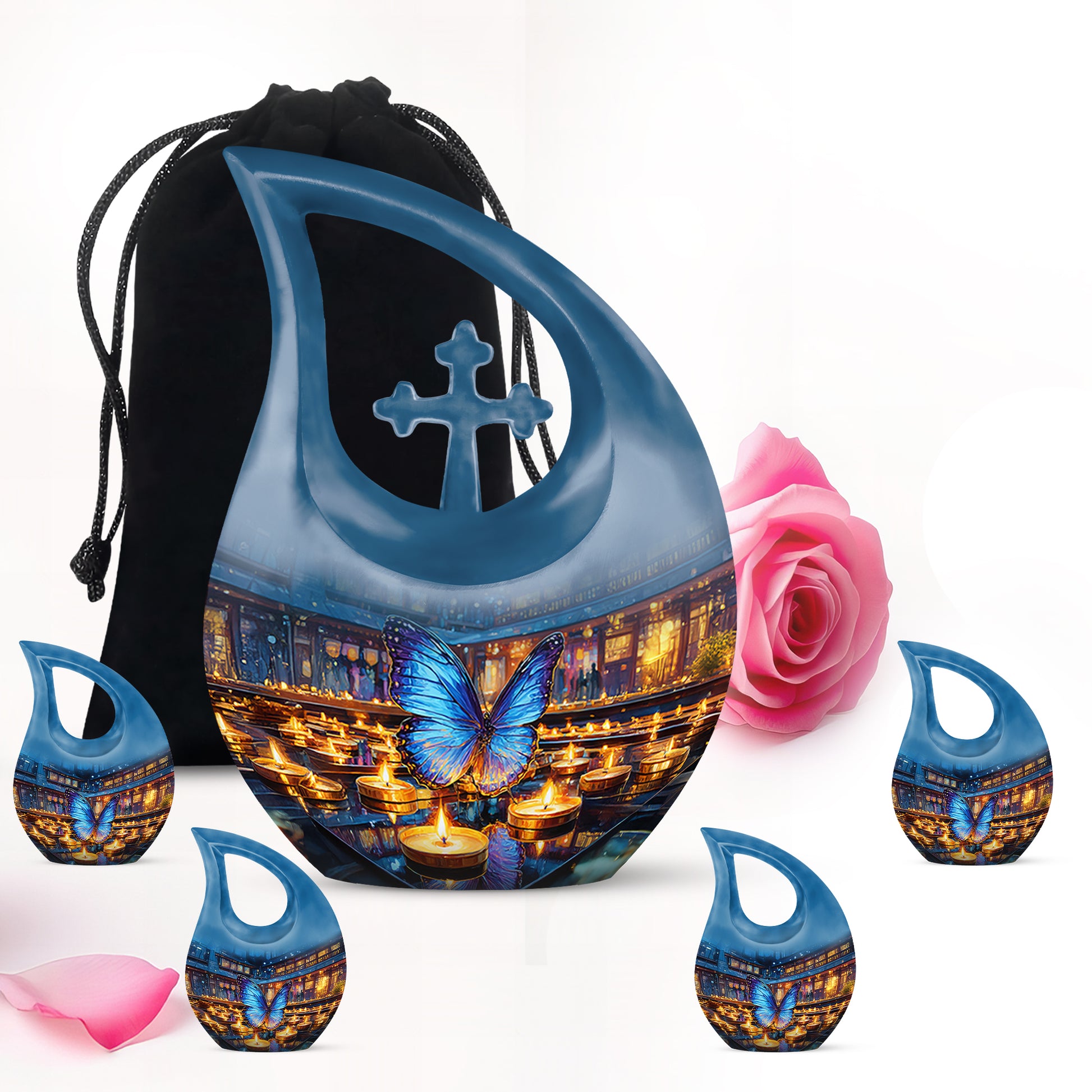 Mist Gray Butterfly Cremation Urn urn with complimentary velvet bag - cross and butterfly combined in spiritual memorial design - memorial set with one large and four small urns