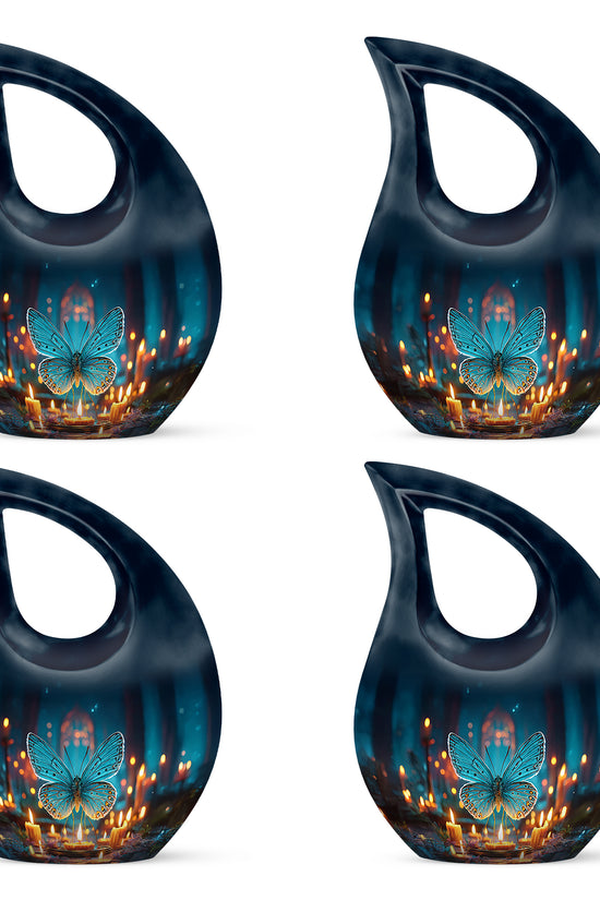 Misty Blue Butterfly Cremation Urn lifestyle display on memorial shelf - cross and butterfly combined in spiritual memorial design - 10 inch aluminum urn for cremated remains