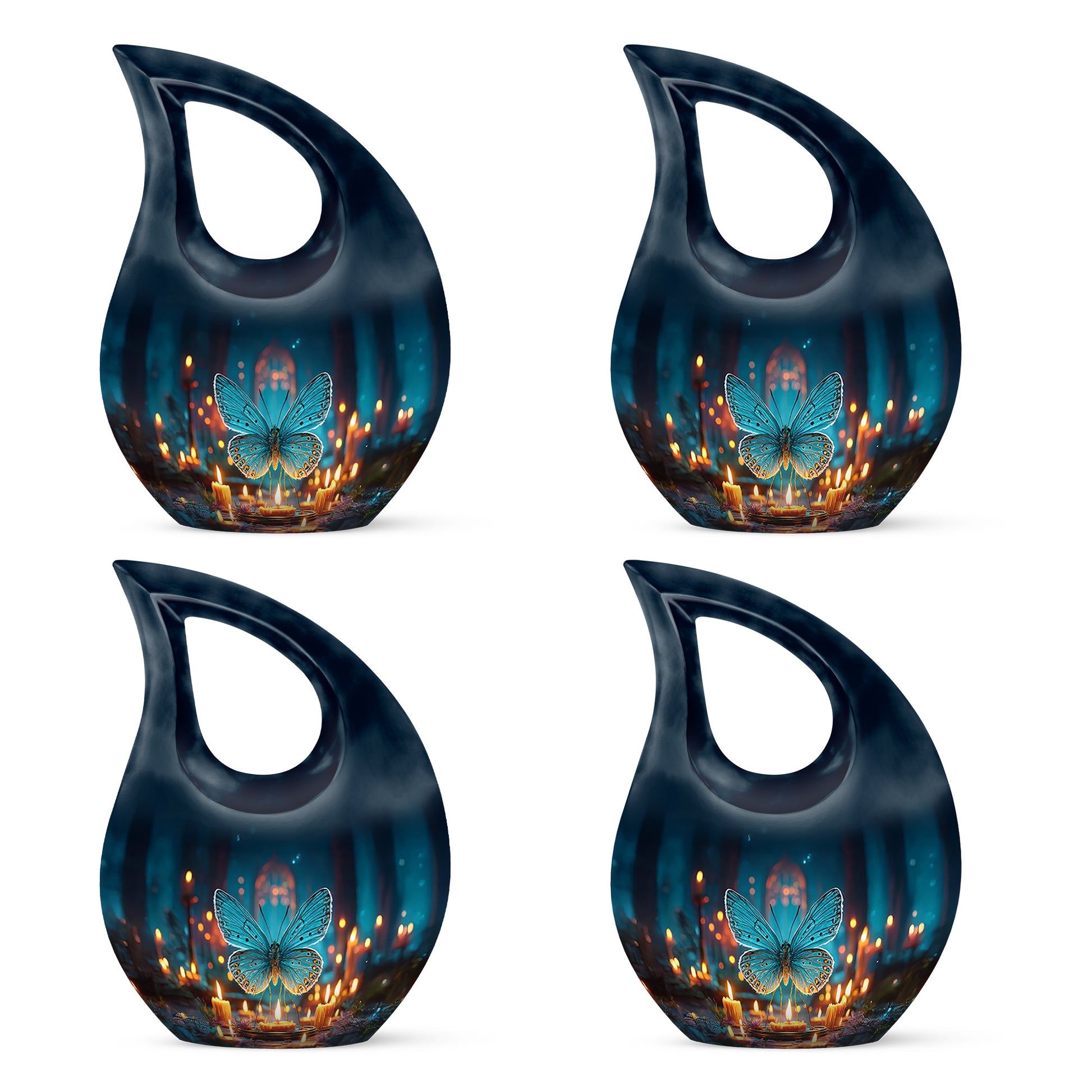 Misty Blue Butterfly Cremation Urn lifestyle display on memorial shelf - cross and butterfly combined in spiritual memorial design - 10 inch aluminum urn for cremated remains