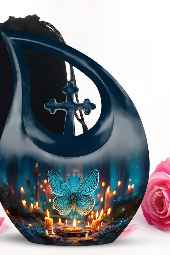 Sapphire Blue Butterfly Cremation Urn top-down view of secure threaded lid - devotional cross-drop butterfly engraving - full-size 10 inch 200 cubic inch adult cremation urn
