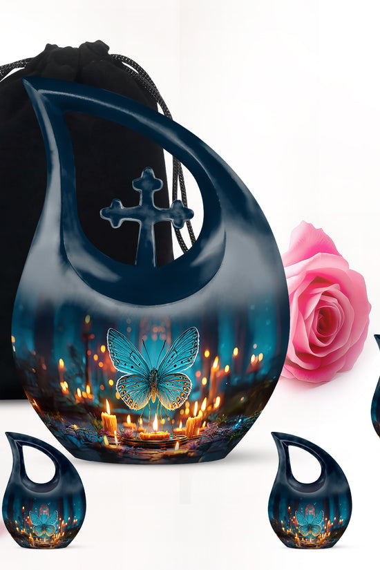 Bright Blue Butterfly Cremation Urn urn with complimentary velvet bag - devotional cross-drop butterfly engraving - memorial set with one large and four small urns