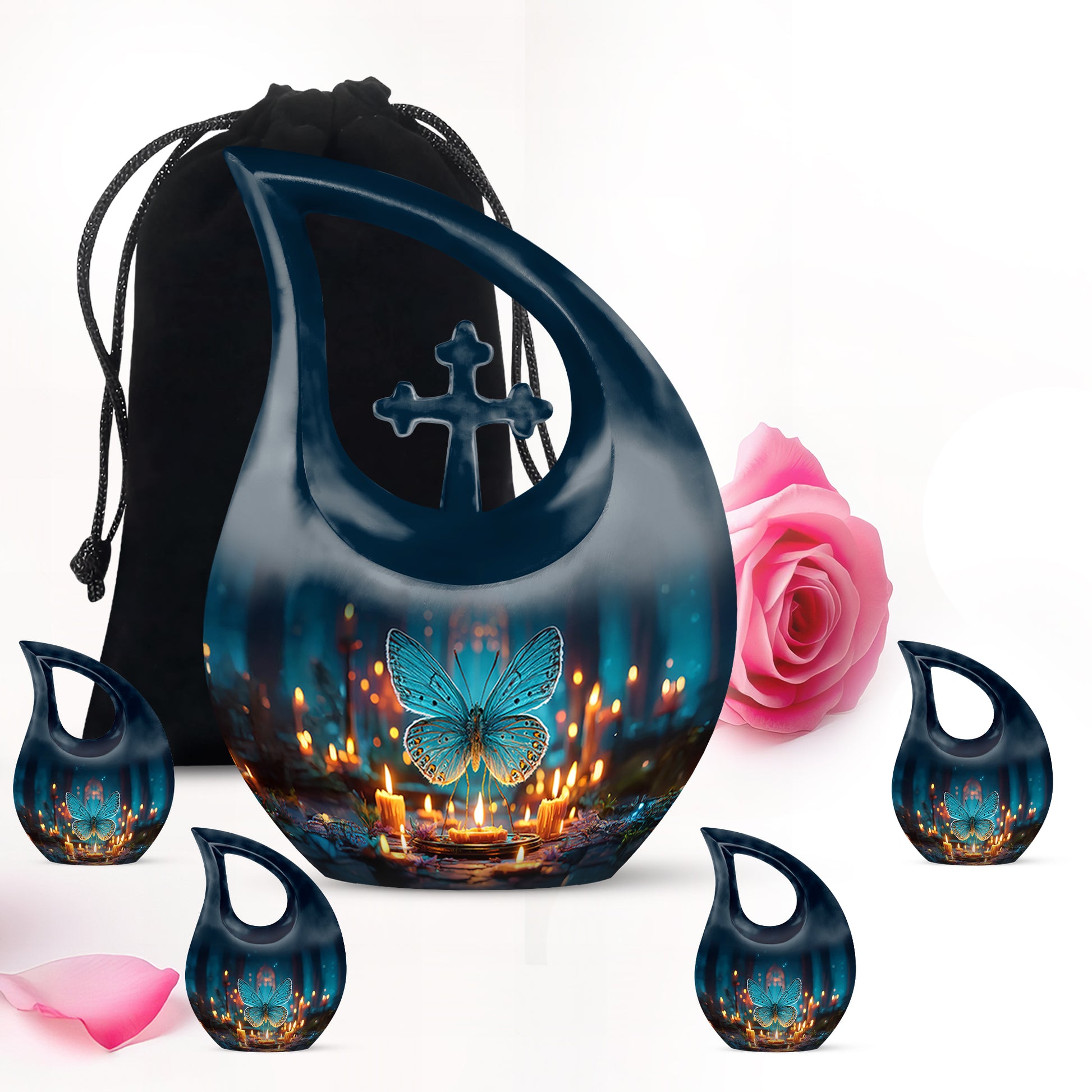 Bright Blue Butterfly Cremation Urn urn with complimentary velvet bag - devotional cross-drop butterfly engraving - memorial set with one large and four small urns