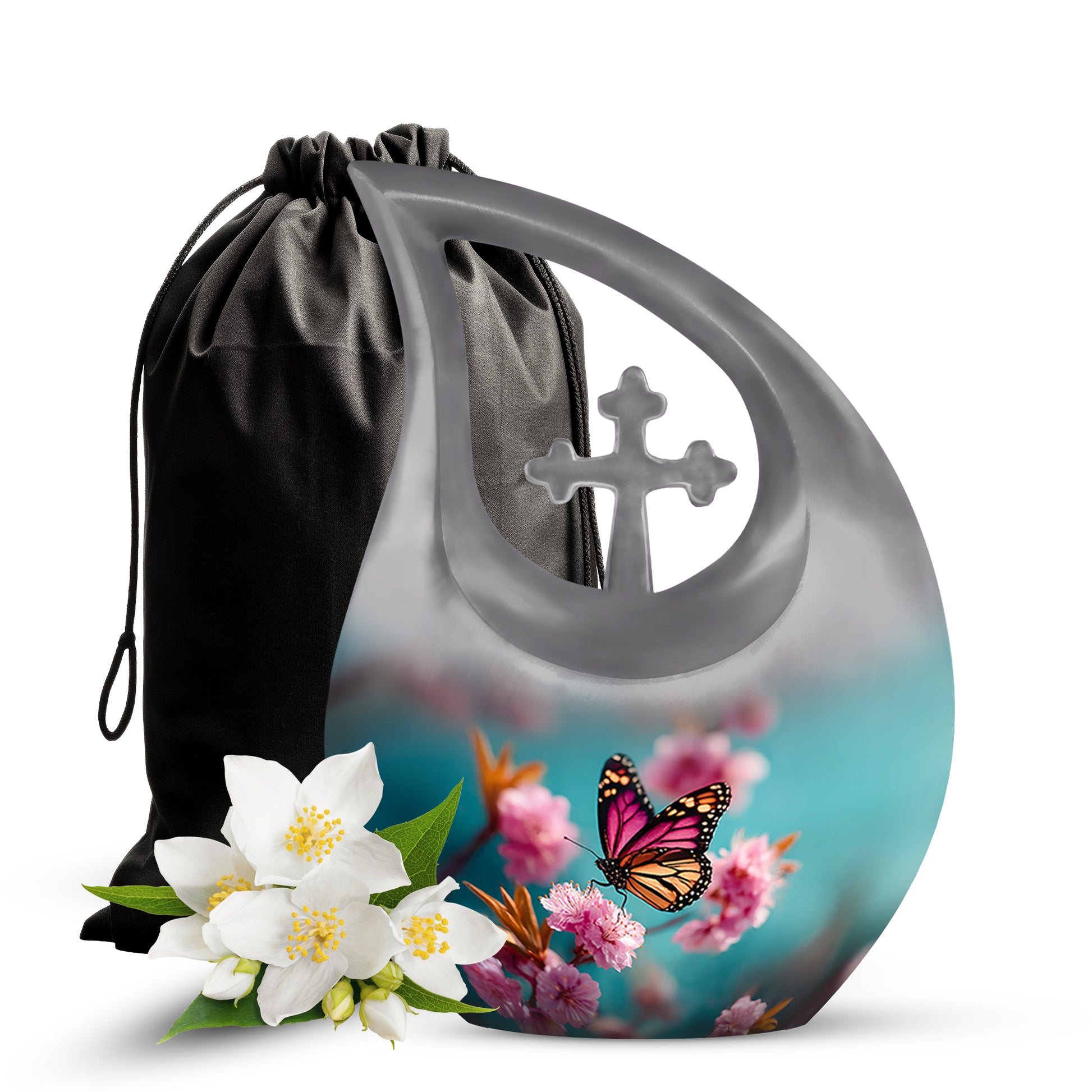 Pink Butterfly Funeral Urn - Floral Cremation Urn For Human Ashes